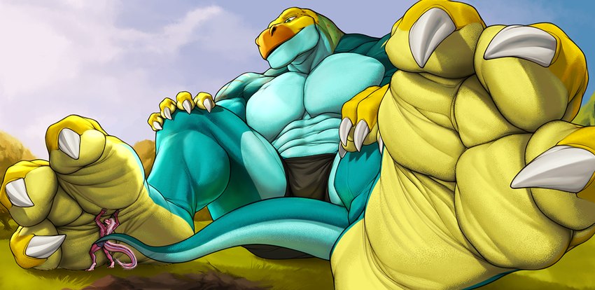 3_toes 5_fingers abs anthro anthro_on_anthro big_dom_small_sub big_muscles big_tail blue_body blue_scales blue_stripes blue_tail boxer_briefs boxers_(clothing) brown_clothing claws clothed clothing cloud deciduous_tree deltoids digitigrade dirt dominant dominant_anthro dominant_male duo feathers feet fingers foot_fetish foot_focus furgonomics grass green_body green_eyes green_scales grey_clothing grin larger_anthro larger_male macro male male/male muscular muscular_male muscular_thighs orange_body orange_scales outside park partially_clothed paws pecs pink_body pink_feathers pink_scales pink_tail plant prehensile_tail public raised_paw scales sitting size_difference size_play smaller_anthro smaller_male smile smothering soles standing stripes submissive submissive_anthro submissive_male tail tail_clothing tail_fetish tail_play toe_claws toes trapezius tree underwear underwear_only vein veiny_muscles worship yellow_body yellow_scales anonymous_artist derse monroe_lehner collared_lizard common_collared_lizard dinosaur lizard prehistoric_species reptile scalie theropod tyrannosaurid tyrannosauroid tyrannosaurus tyrannosaurus_rex 2022 digital_drawing_(artwork) digital_media_(artwork) digital_painting_(artwork)