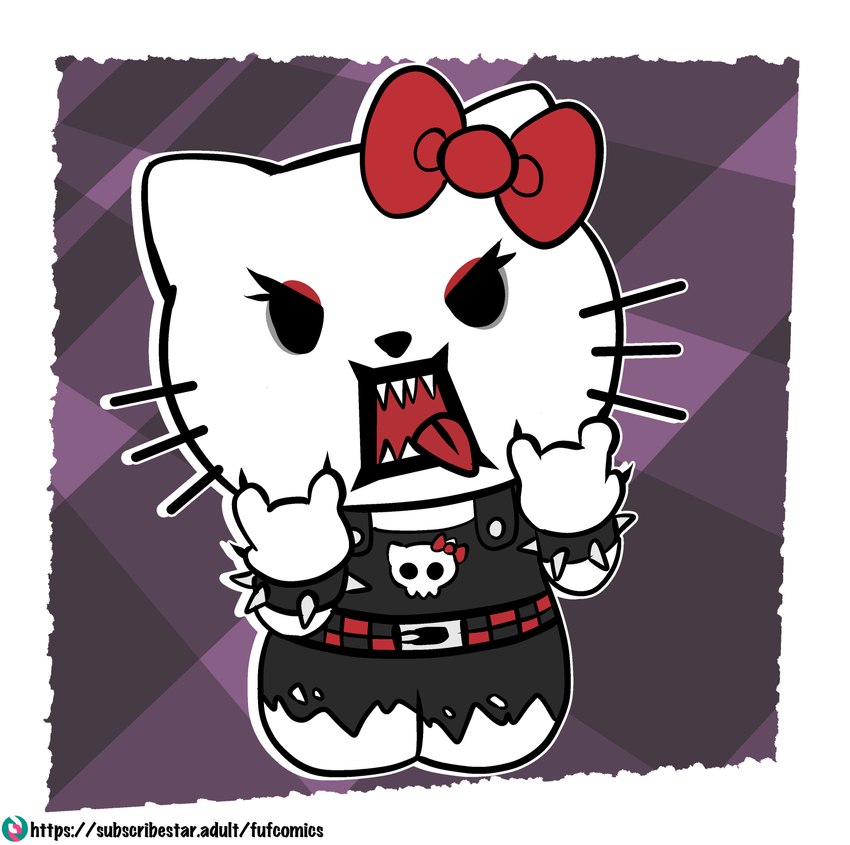 anthro bow_ribbon bracelet clothed clothing female fur jewelry solo spiked_bracelet spikes teeth tongue tongue_out whiskers white_body white_fur fuf hello_kitty_(series) sanrio hello_kitty_(character) domestic_cat felid feline felis mammal hi_res