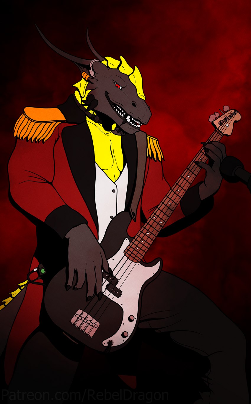 anthro bass_guitar bassist circus claws clothed clothing coat collar concert electronics evil_face evil_grin evil_look fangs grin guitar headphones looking_at_viewer male microphone muscular musical_instrument open_clothing open_mouth pecs plucked_string_instrument ringmaster ringmaster_outfit shirtless shirtless_male smile solo string_instrument tail teeth topwear vest rebeldragon101 mythology nightwish ernesto_(rebeldragon101) dragon mythological_creature mythological_scalie scalie hi_res