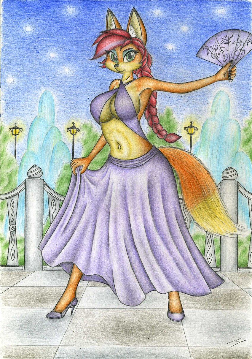 anthro bottomwear breasts brown_hair cleavage clothed clothing dancer_outfit female footwear fur hair hand_fan high_heels navel orange_body orange_fur shoes skirt solo under_boob sinaherib soyuzmultfilm well_just_you_wait! lisichka canid canine fox mammal 2024 absurd_res hi_res