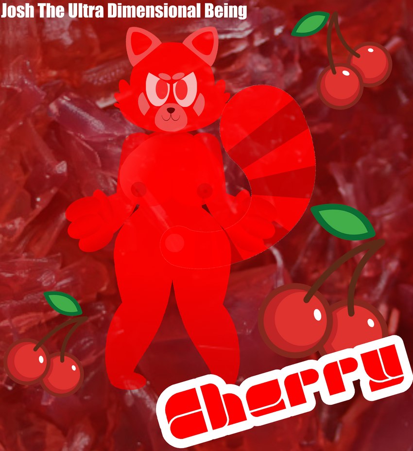 anthro big_tail cherry dessert detailed_background female food fruit gelatin jelly_(food) nipples nude plant red_body red_eyes solo tail text translucent josh_the_ultra_dimensional_being jell-o ailurid food_creature humanoid mammal red_panda absurd_res english_text hi_res