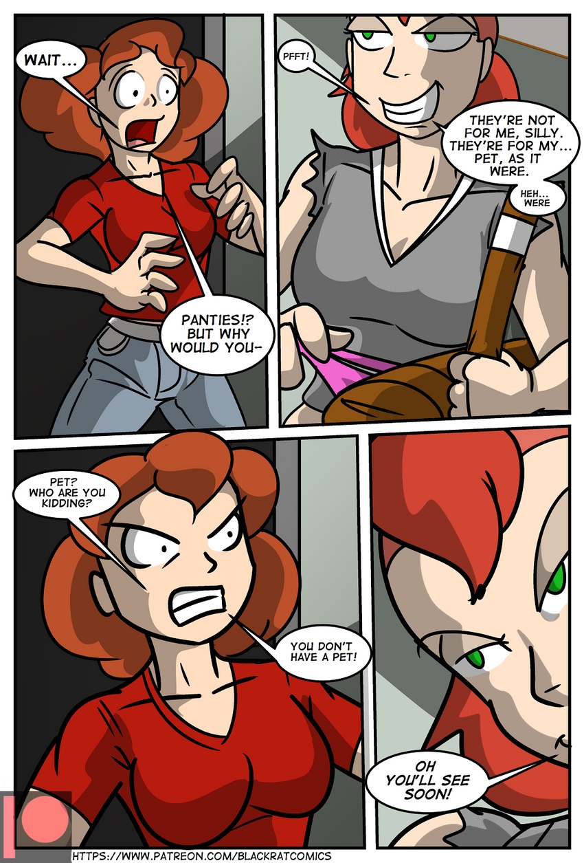 clenched_teeth clothed clothing dialogue duo female hair not_furry orange_hair pale_skin panties patreon_logo red_hair speech_bubble teeth text underwear black-rat patreon human mammal comic english_text hi_res url