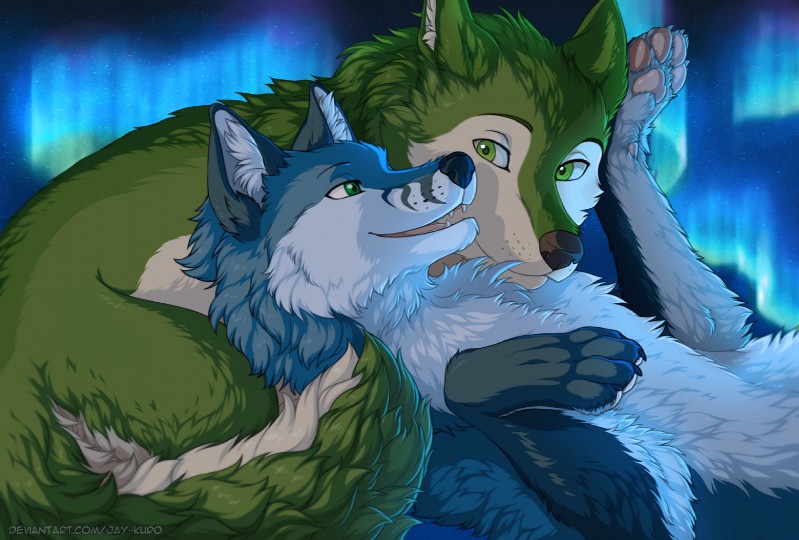 4_toes aurora_(phenomenon) black_nose blue_body blue_fur countershading detailed_background duo feet female feral fur green_body green_eyes green_fur lying male multicolored_body multicolored_fur night on_back open_mouth outside pawpads pink_pawpads smile teeth toes two_tone_body two_tone_fur white_body white_fur jay-kuro greeny_(odisaodi) milly_(millcore) borophagine canid canine canis epicyon mammal wolf 2019 alternate_version_at_source digital_media_(artwork) smaller_version_at_source