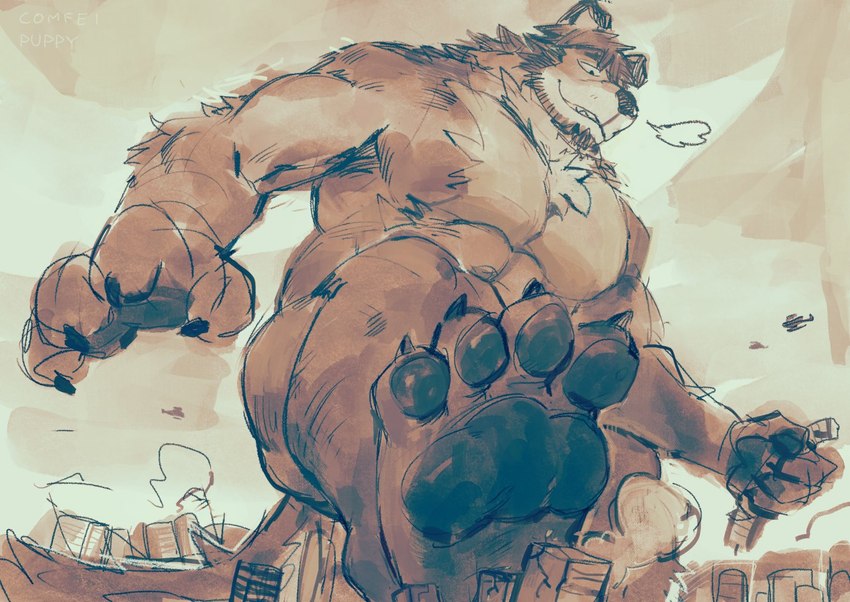 aircraft anthro breath chest_tuft city_destruction destruction extreme_size_difference foot_crush giga helicopter holding_building imminent_crush macro male muscular muscular_anthro muscular_male pawpads size_difference smug_grin solo tuft vehicle comfei_puppy canid canine canis domestic_dog mammal