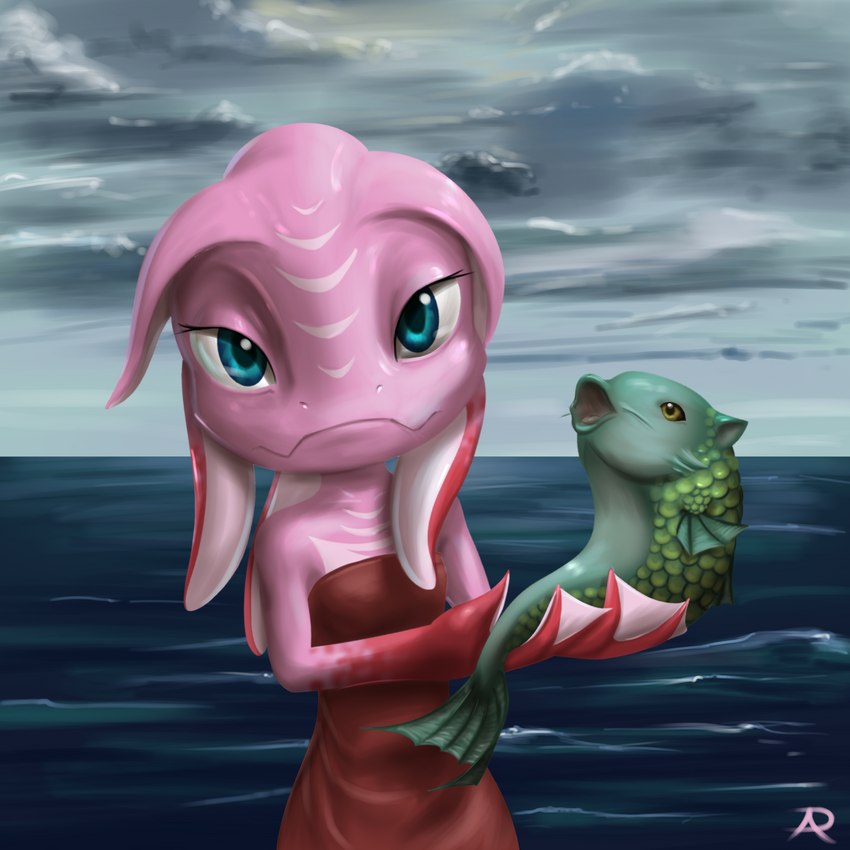 anthro big_eyes blue_eyes clothing dress duo eyelashes female feral fin green_body holding_another kelpling looking_at_viewer markings membrane_(anatomy) pink_body pseudo_hair red_clothing red_dress red_hands scales sea solo_focus tentacle_hair tentacles water webbed_hands white_markings yellow_eyes radasus choral eko fish marine 1:1 digital_media_(artwork) digital_painting_(artwork) hi_res painting_(artwork)