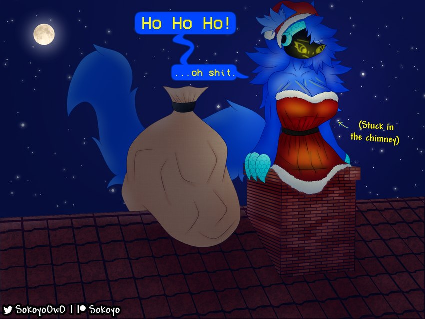 4_fingers anthro bag big_breasts blue_body blue_fur blue_hair breasts chimney christmas_clothing christmas_headwear claws cleavage clothed clothing costume cybernetics displeased dress exposed_shoulder female fingers fur hair hat headgear headwear holidays inner_ear_fluff long_hair long_tail looking_down machine moon night present_sack protogen_visor red_clothing rooftop santa_costume santa_hat solo star stuck tail text text_box thick_thighs tuft yellow_body sokoyo_owo christmas starry_(sokoyo_owo) cyborg humanoid mammal protogen 4:3 hi_res