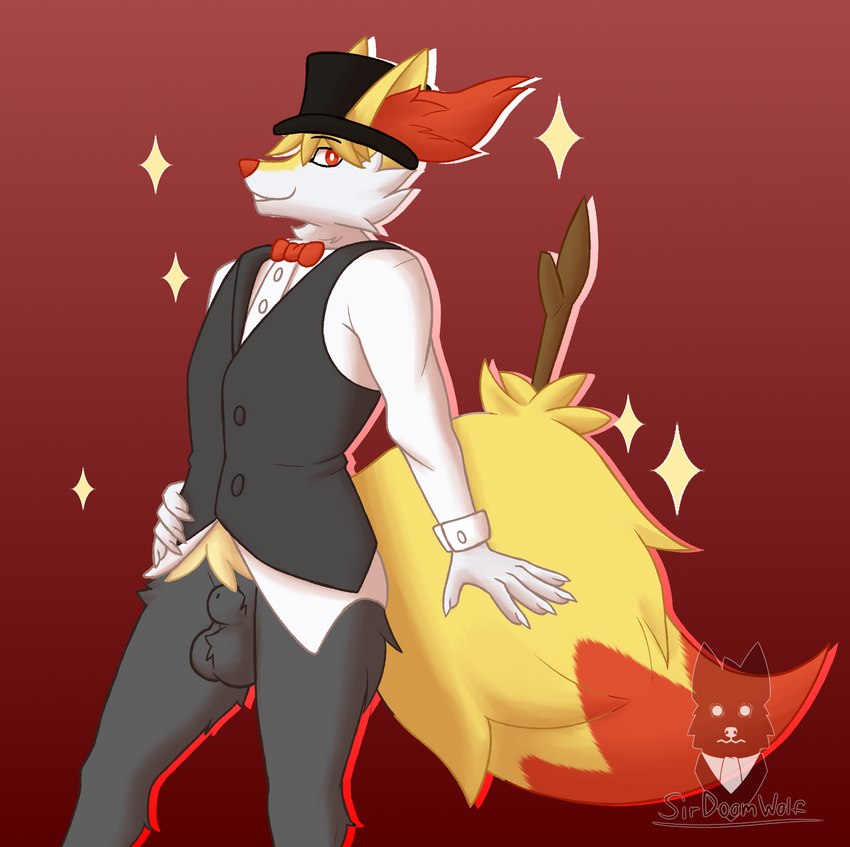 animal_genitalia anthro bottomless clothed clothing genitals hat headgear headwear male partially_clothed sheath solo sirdoomwolf nintendo pokemon braixen generation_6_pokemon pokemon_(species) alternate_version_at_source hi_res