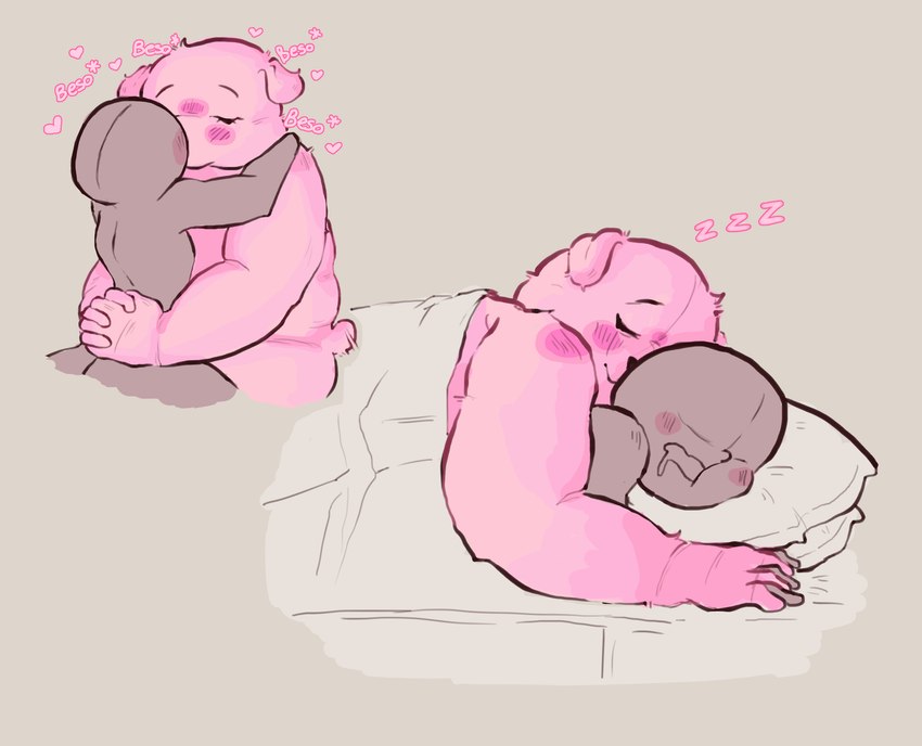 ambiguous_gender anthro bed bedding biped blanket blush duo eyes_closed furniture humanoid_hands kissing lying pillow pink_body sleeping slightly_chubby wgguus unicorn_wars gordi_(unicorn_wars) bear mammal 2023 hi_res