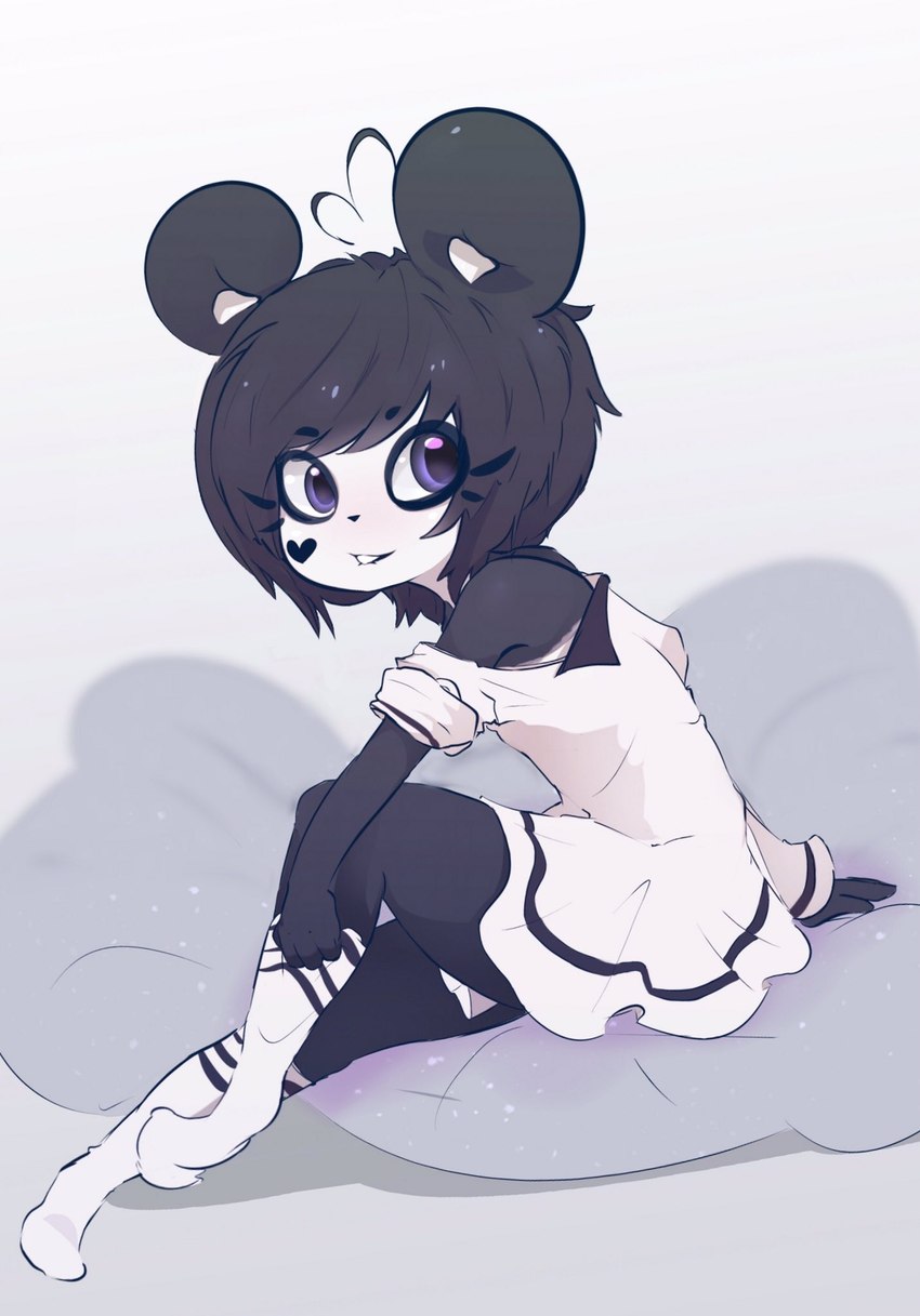 ahoge anthro bean_bag clothing dress_shirt eyebrows eyelashes female footwear hair heart_ahoge heart_symbol looking_at_viewer shirt sitting slim smile smiling_at_viewer socks solo topwear young young_female penn_foxji kenny_(kenashcorp) bear giant_panda mammal hi_res