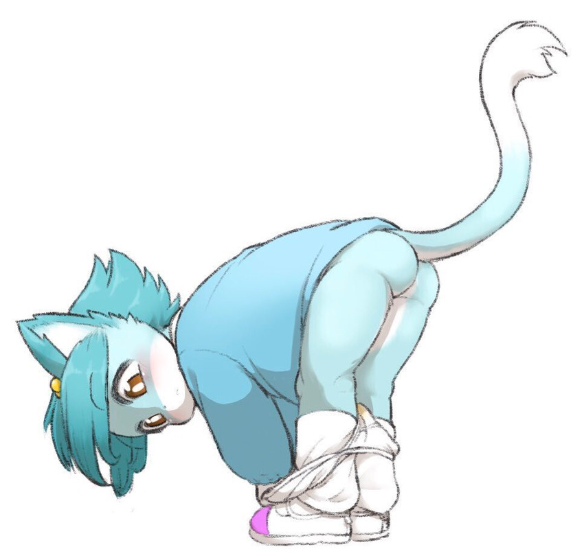 anthro bent_over blue_hair bottomless brown_eyes butt clothed clothing female hair kemono loli panties panties_down partially_clothed simple_background solo stain underwear underwear_down undressing white_background young young_anthro 3yo4yo5yo domestic_cat felid feline felis mammal