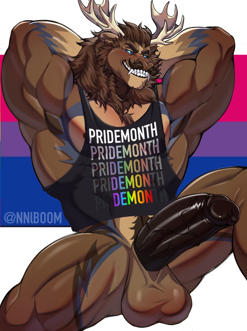 anthro antlers balls biceps bisexual_pride_colors bottomless brown_body clothed clothing fangs genitals horn lgbt_pride male multicolored_clothing multicolored_shirt multicolored_tank_top multicolored_text multicolored_topwear muscular muscular_anthro muscular_male nipples penis pride_color_background pride_color_clothing pride_color_shirt pride_color_tank_top pride_color_text pride_color_topwear pride_colors rainbow_pride_colors sharp_teeth shirt shirt_only simple_background six-stripe_rainbow_pride_colors solo tank_top tank_top_only teeth text topwear topwear_only vein veiny_penis alexaboom pri(demon)th diffuse_moose deer mammal moose new_world_deer werecreature weredeer weremoose werenew_world_deer hi_res