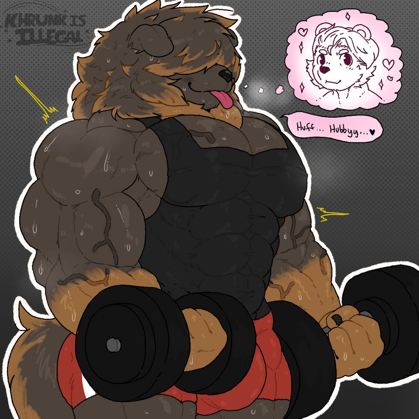 anthro barazoku big_muscles bodily_fluids brown_body brown_fur bulge exercise fur huge_muscles hyper hyper_muscles male muscular muscular_anthro muscular_male obscured_eyes pecs simple_background sweat sweatdrop tongue tongue_out vein veiny_muscles weightlifting workout khrunkisillegal andre_(just_arai) arai_(just_arai) canid canine canis domestic_dog mammal 1:1 hi_res