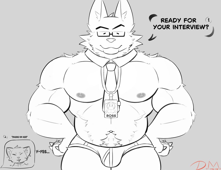 anthro boss clothing dialogue duo hair interview lenses male muscular muscular_male necktie pubes solo text underwear dangermons canid canine canis felid mammal wolf absurd_res english_text hi_res line_art