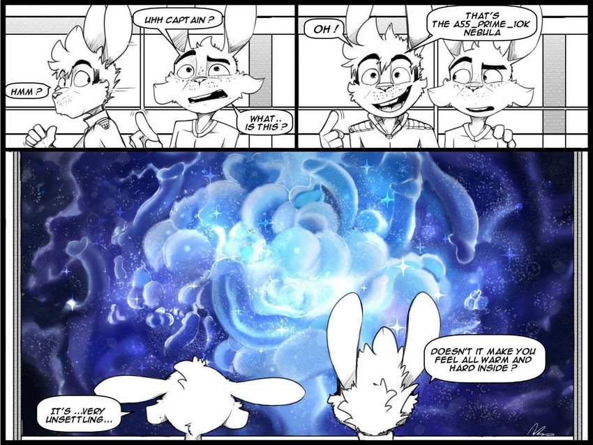 5_fingers butt clothed clothing dialogue fingers genitals gesture hair hand_gesture male male/male nebula penis pointing space star text inoby spacebunz captain_hopp stephan_(spacebunz) lagomorph leporid mammal rabbit comic english_text