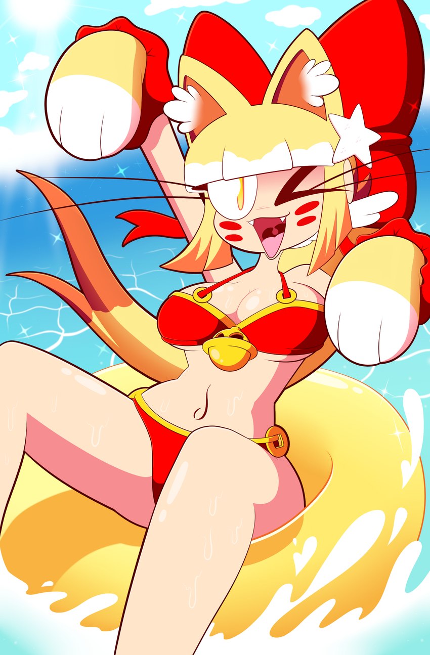 bangs bell bikini bikini_top blonde_hair bow_(feature) breasts cleavage clothed clothing eyelashes fangs female hair inflatable inner_ear_fluff inner_tube long_eyelashes navel one_eye_closed outside paws ribbons sea seascape sky smile smiling_at_viewer solo swimwear teeth tuft two-piece_swimsuit water wink yellow_eyes blargen69 asian_mythology east_asian_mythology japanese_mythology maneki-neko mythology yokai_love_you! niko_(blargen69) animal_humanoid domestic_cat felid feline felis humanoid mammal nekomata yokai absurd_res hi_res