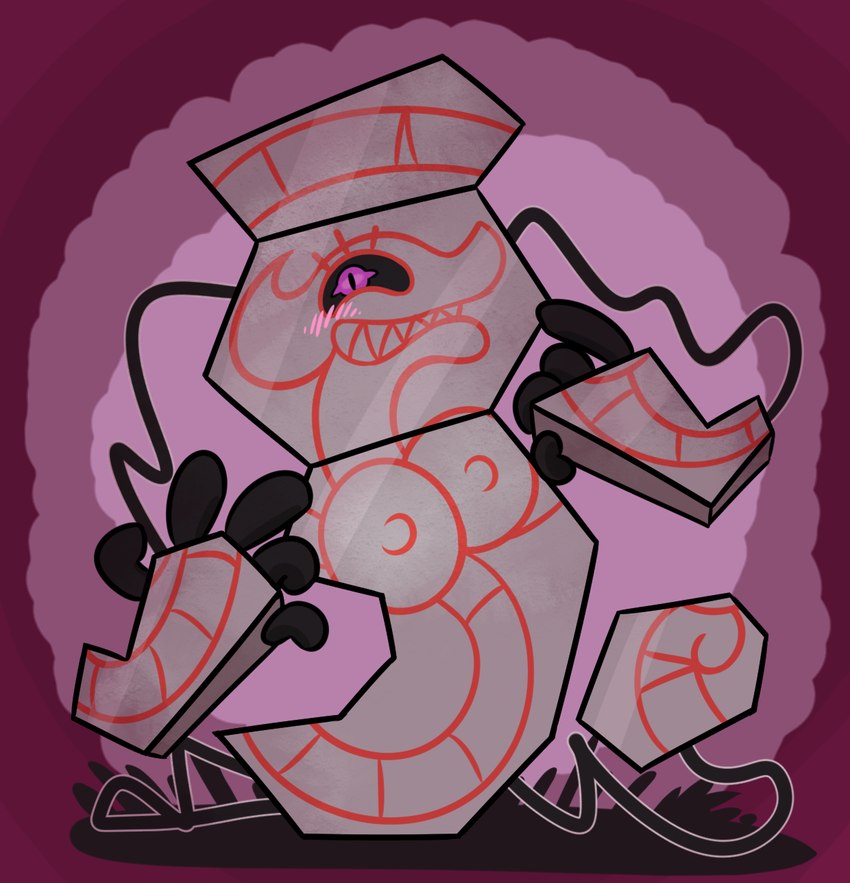 anthro big_breasts black_body black_sclera blush blush_lines breasts eyelashes female grey_body nipples pink_background pupils purple_background purple_eyes sharp_teeth simple_background slit_pupils smile solo stone_body teeth junkbag nintendo pokemon animate_inanimate generation_8_pokemon pokemon_(species) runerigus hi_res