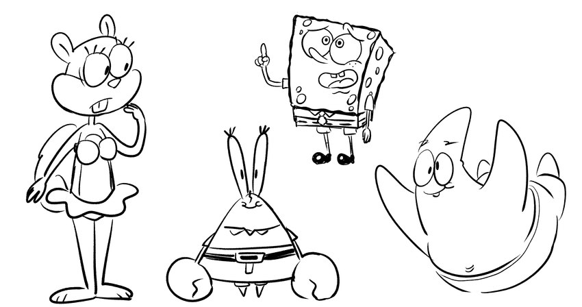 bare_legs barefoot belt bottomwear bra buckteeth claws clothing eyelashes feet footwear freckles long_eyes panties pants plantigrade shirt shoes shorts skirt smile socks sponge tail teeth tomboy topwear underwear nezumiisya nickelodeon paramount_pictures spongebob_squarepants mr._krabs patrick_star sandy_cheeks spongebob_squarepants_(character) arthropod asterozoan crab crustacean decapoda echinoderm malacostracan mammal marine rodent sciurid starfish tree_squirrel absurd_res hi_res monochrome