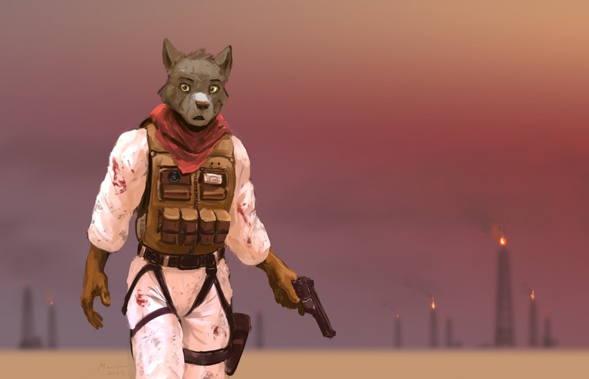 anthro apocalypse belt blood bodily_fluids bulletproof_vest clothing fire gloves gun handgun handwear harness jumpsuit kerchief looking_at_viewer male pistol ranged_weapon red_sky revolver science_fiction shocked short sky solo speedpaint topwear tower vest weapon marsonaut burnt_earth beol canid canine canis mammal wolf 2023 hi_res story