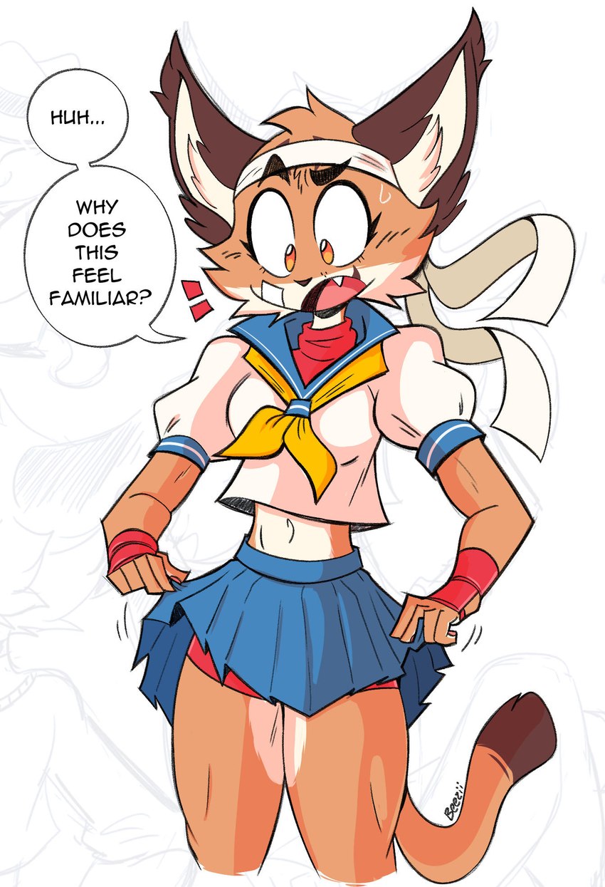 anthro bandage bandage_on_face bottomwear clothing female fingerless_gloves gloves hachimaki handwear headscarf hotpants looking_down miniskirt orange_eyes school_uniform shorts skirt solo uniform beezii capcom street_fighter jackie_(beezii) sakura_kasugano caracal caracal_(genus) felid feline mammal hi_res portrait three-quarter_portrait