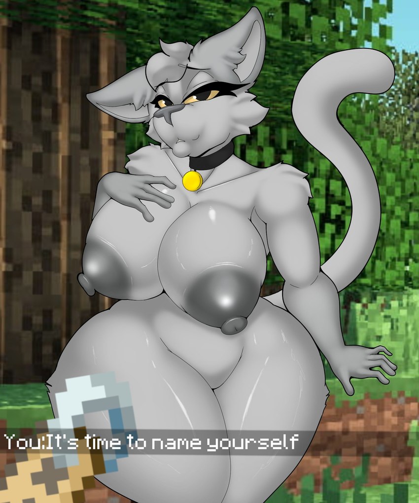 anthro areola big_areola big_breasts black_collar black_eyes breasts chat_message cheek_tuft collar collar_tag dialogue eyebrows eyelashes facial_tuft featureless_crotch female female_anthro forest forest_background fur grey_areola grey_body grey_eyebrows grey_fur grey_hair grey_nipples grey_nose hair minecraft_background name_tag nature nature_background nipple_dip nipples nude plant screencap screencap_background smile solo standing tail text thick_eyelashes thick_thighs tree tuft wide_hips yellow_sclera foxgumie microsoft minecraft mojang xbox_game_studios british_shorthair british_shorthair_cat_(minecraft) cat_(minecraft) domestic_cat felid feline felis mammal digital_drawing_(artwork) digital_media_(artwork) english_text hi_res