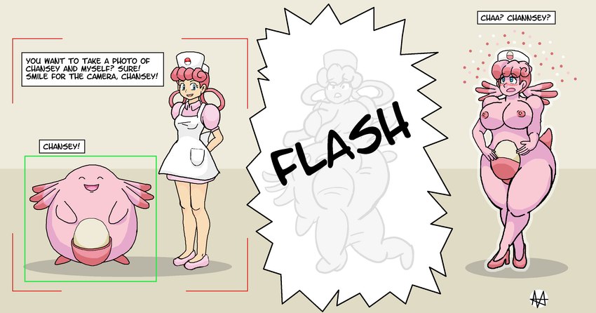 blush breast_expansion breasts clothing dialogue duo egg expansion female footwear growth hair high_heels instant_transformation looking_at_viewer merging nipples pink_clothing pink_footwear pink_hair pink_high_heels pokemon_speak shocked shoes simple_background smile species_transformation standing tail tail_growth text transformation transformation_through_technology sera-fuku nintendo pokemon nurse_joy chansey generation_1_pokemon human mammal pokemon_(species) 2022 absurd_res digital_media_(artwork) english_text hi_res