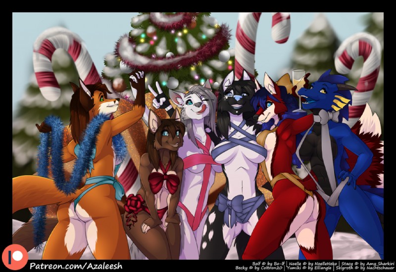 alcohol anthro beverage breasts candy candy_cane champagne christmas_tree clothed clothing dessert exposure_variation female food group holidays plant ribbons skimpy tail text tinsel tree under_boob azaleesh christmas mythology becky_(coltron20) bolf_(bo-lf) noelle_(noelleneko) selyroth stacy_pawnic yumiki canid canine canis domestic_cat dragon felid feline felis fox mammal mythological_creature mythological_scalie scalie wolf url