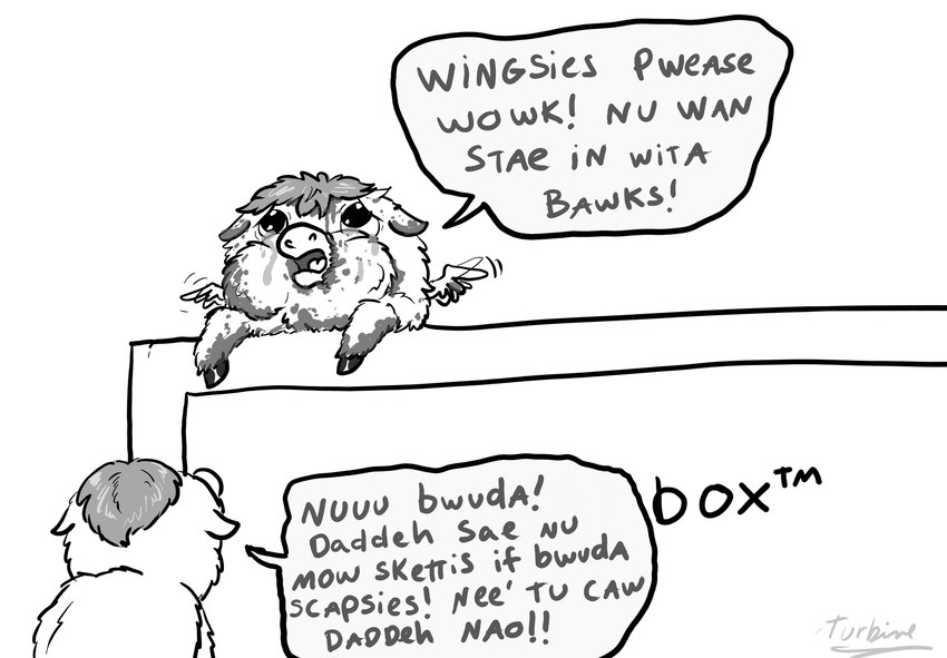 ambiguous_gender baby_talk bodily_fluids crying dialogue duo feral litter_box male simple_background speech_bubble tears text trapped white_background wings young young_feral infraredturbine fluffy_pony mythology equid equine fluffy_pony_(species) mammal mythological_creature mythological_equine pegasus english_text hi_res monochrome signature sibling_(lore)