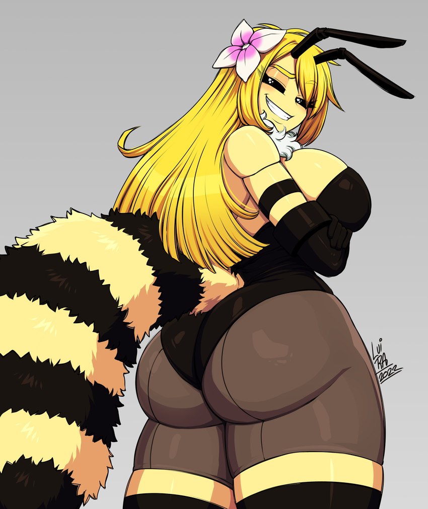 accessory antennae_(anatomy) anthro arthropod_abdomen big_breasts big_butt black_eyes blonde_hair breasts bubble_butt butt clothed clothing female flower flower_in_hair grin hair hair_accessory leggings legwear leotard looking_at_viewer looking_back looking_back_at_viewer non-mammal_breasts pantyhose plant rear_view simple_background smile solo teeth thigh_highs lui-ra bianca_(lui-ra) arthropod bee hymenopteran insect absurd_res hi_res