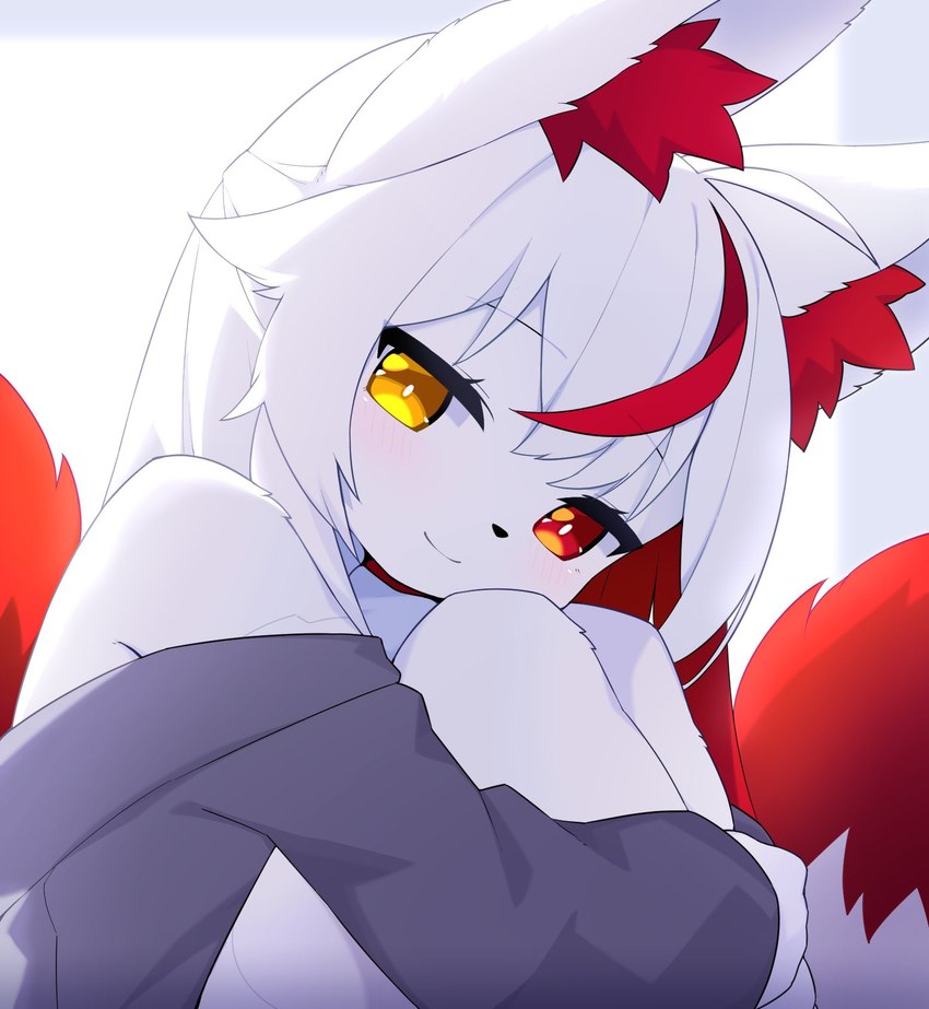 ahoge anthro black_nose blush clothed clothing dipstick_tail female female_anthro fur hair heterochromia inner_ear_fluff kemono looking_at_viewer markings multicolored_hair multicolored_tail off_shoulder partially_clothed red_body red_eyes red_fur red_hair smile smiling_at_viewer solo tail tail_markings tuft white_body white_fur white_hair yellow_eyes devil-vox knia_(devil-vox) canid canine fox mammal 2021 digital_media_(artwork) hi_res