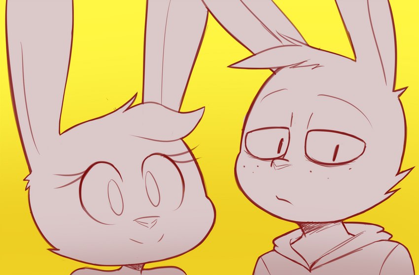 anthro clothing duo eye_bags female freckles head_tuft hoodie looking_at_viewer male simple_background topwear tuft agidyne rose_(agidyne) stephen_(agidyne) lagomorph leporid mammal rabbit hi_res