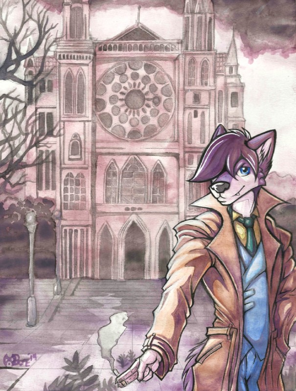 5_fingers anthro cathedral church cigarette city fingers fur hair holding_cigarette holding_object landmark male outside smoke solo boneitis cowboy_bebop lavi canid canine canis mammal wolf 2019 hi_res signature traditional_media_(artwork)