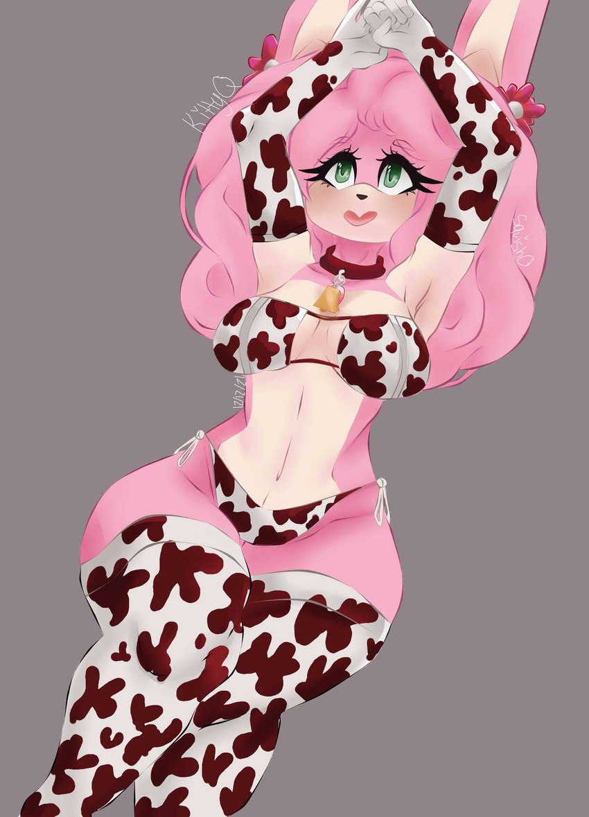 animal_print anthro armwear breasts clothing cow_print cowbell elbow_gloves female fur gloves green_eyes hair handwear legwear lingerie long_hair medium_breasts panties pink_body pink_fur pink_hair puffy_hair solo stockings underwear wide_hips kittyq sega sonic_the_hedgehog_(series) fan_character lagomorph leporid mammal rabbit hi_res