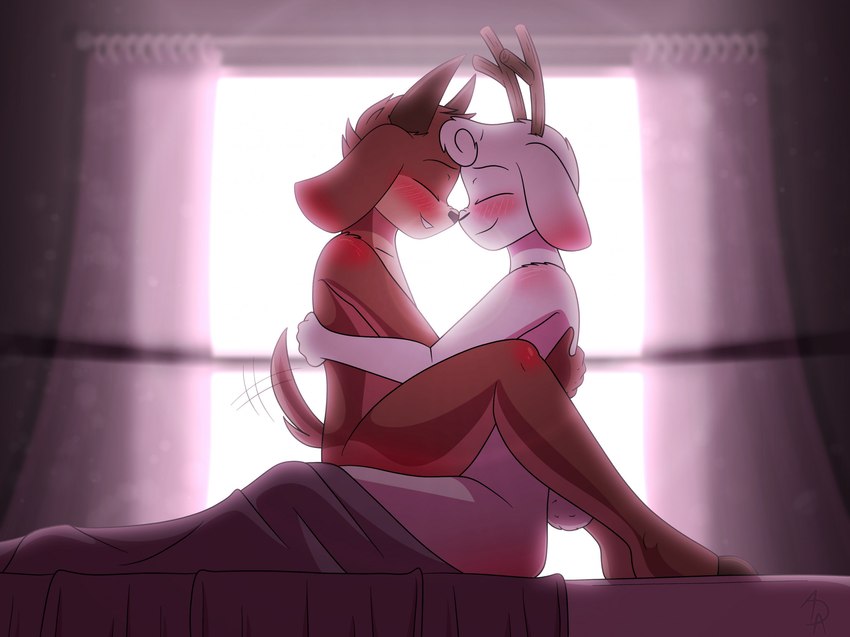 anthro antlers backlighting bed bedding bedroom blanket blush blushing_profusely body_blush brown_body brown_fur butt_blush cuddling curtains duo eyes_closed floppy_ears fluffy fluffy_tail fur furniture happy hooves horn hug intimate light male male/male nude nuzzling on_bed on_lap romantic romantic_couple scut_tail short_tail side_butt side_view sitting sitting_on_lap smile tail tail_motion tailwag under_covers waking_up white_body white_fur window aarondrawsarts capri_(deerkid) virgil_(deerkid) bovid caprine goat jackalope lagomorph mammal hi_res lighting