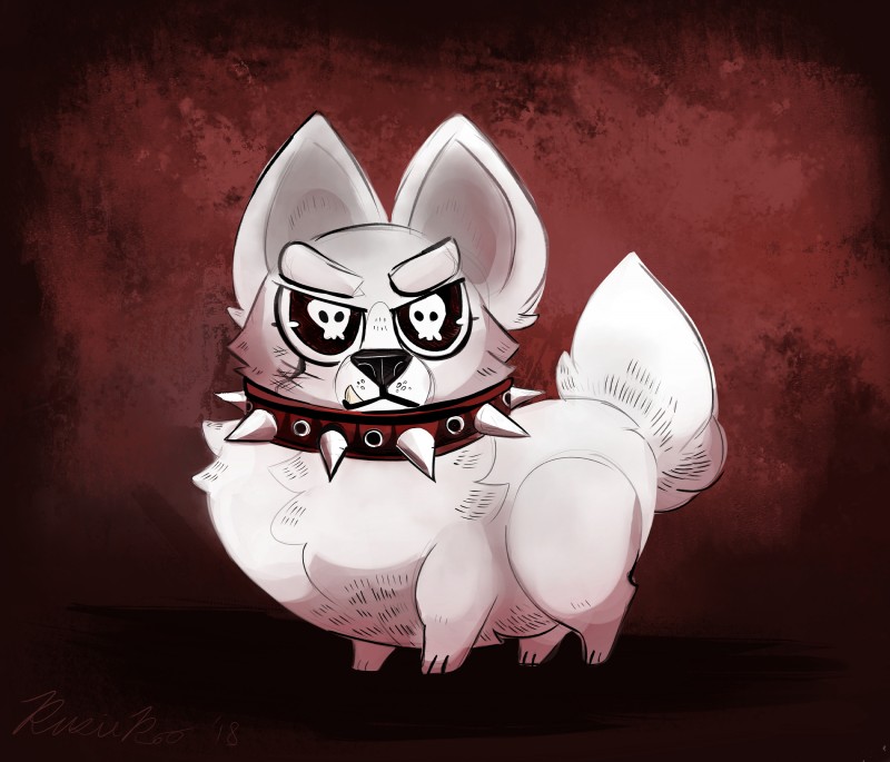 ambiguous_gender angry collar feral fur quadruped red_background simple_background skull_eyes solo spiked_collar spikes standing white_body white_fur reesieroo canid canine canis domestic_dog mammal 2018 absurd_res hi_res signature