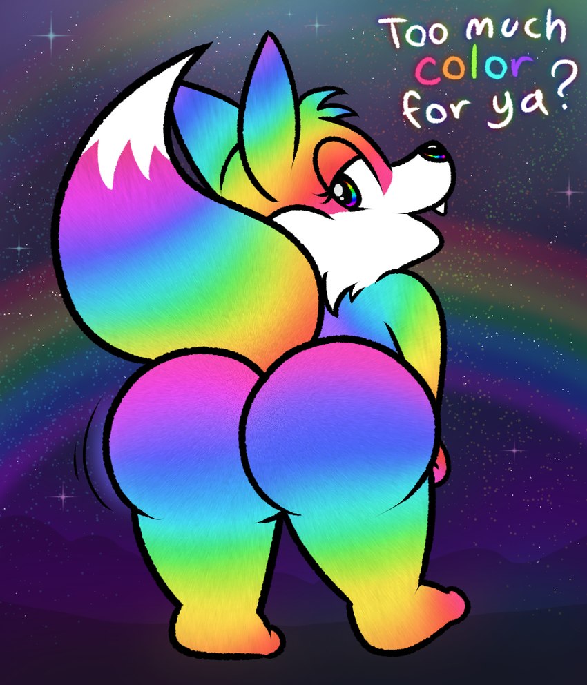 ambiguous_gender anthro big_butt butt detailed_background eyelashes fangs iridescent iridescent_butt iridescent_fur looking_at_viewer looking_back multicolored_eyes open_mouth rainbow solo sparklefur star teeth teeth_showing text nishi_oxnard canid canine fox mammal english_text