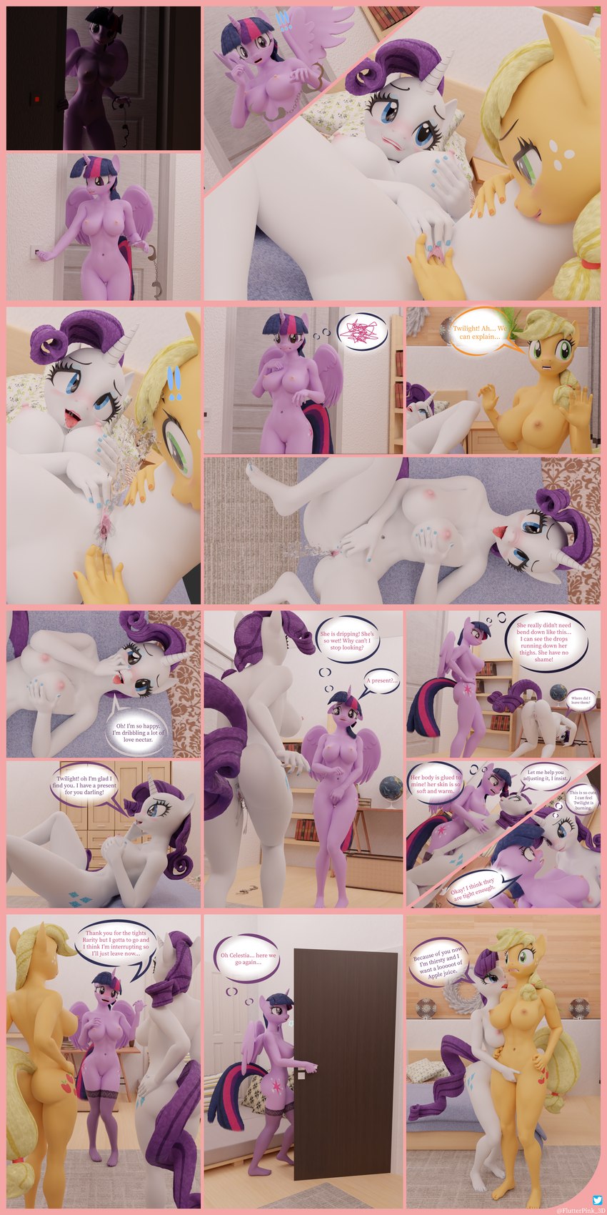 anthro anthrofied bodily_fluids breasts dialogue ejaculation female female/female fingering genital_fluids genitals group horn pussy pussy_ejaculation text trio vaginal vaginal_fingering vaginal_fluids wings flutterpink_3d friendship_is_magic hasbro my_little_pony mythology applejack_(mlp) rarity_(mlp) twilight_sparkle_(mlp) equid equine mammal mythological_creature mythological_equine unicorn winged_unicorn 1:2 3d_(artwork) absurd_res comic digital_media_(artwork) english_text hi_res