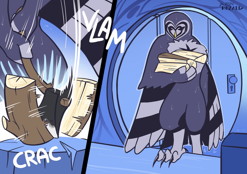 anthro axe beak blue_body bodily_fluids building cutting_wood feathered_wings feathers feet heart_(marking) house male markings muscular shadowed_eyes solo sweat sweatdrop talons toes wings working rozalid kinky_owls nebulowl avian bird great_grey_owl owl strix_(genus) true_owl colored comic hi_res