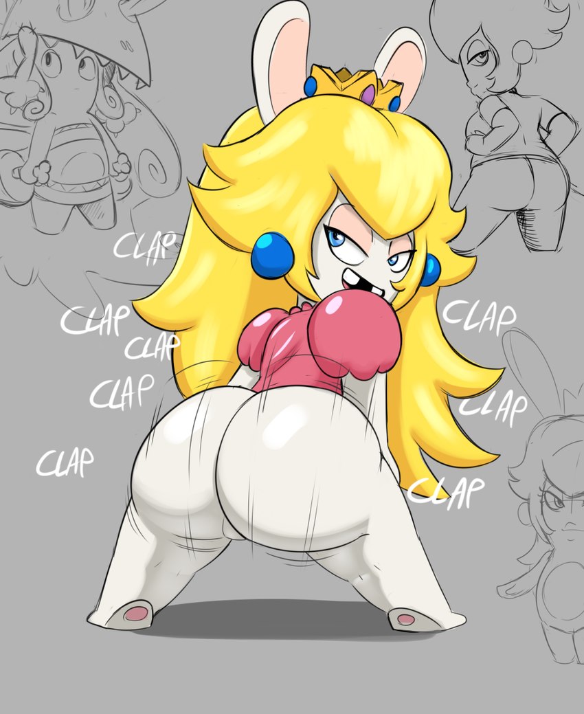 anthro ass_clapping bent_over big_butt butt female looking_back short_stack simple_background solo twerking spakka5 mario_bros mario_plus_rabbids_kingdom_battle nintendo raving_rabbids rayman_(series) ubisoft rabbid_peach lagomorph mammal rabbid 2023 crossover