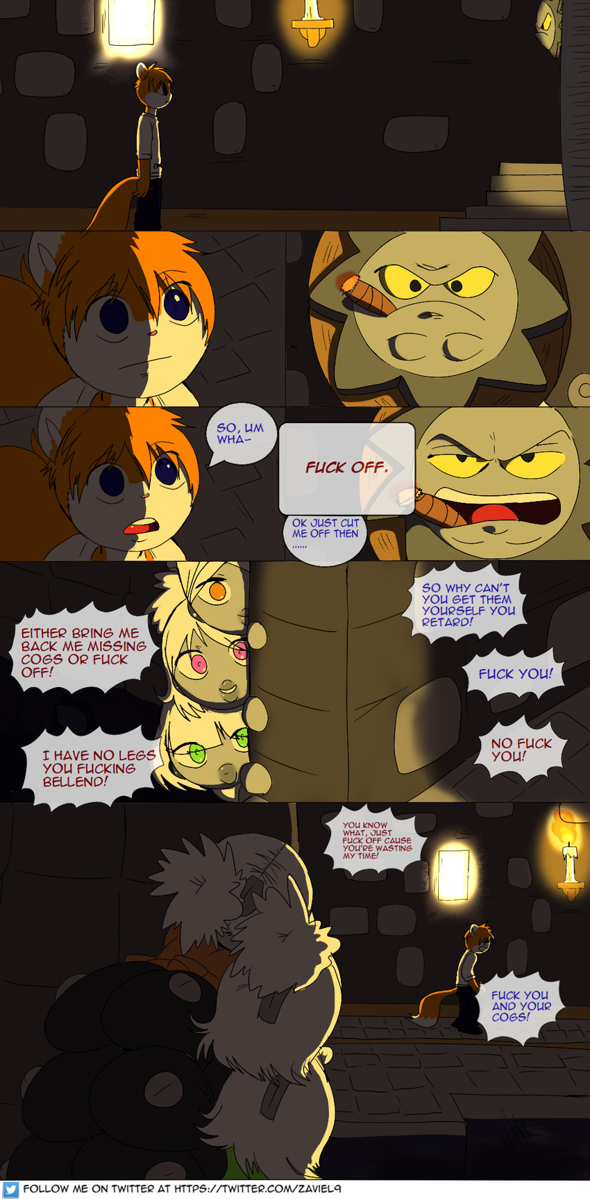 angry anthro castle cogs dialogue female fire group humiliation male male/female profanity sitting_on_another text zaviel conker's_bad_fur_day rareware carl_the_cog conker female_cogs_(conker's_bad_fur_day) mammal rodent sciurid tree_squirrel comic english_text hi_res url