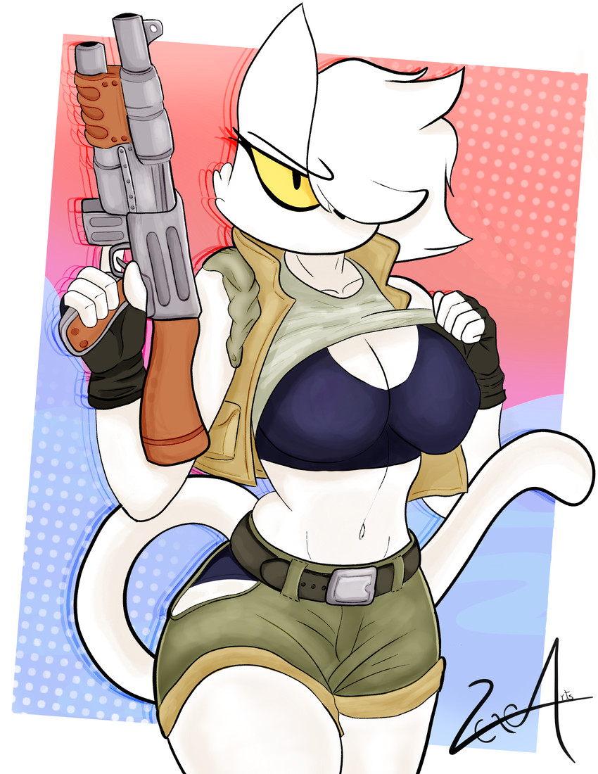 angry anthro belt big_breasts bottomwear bra breasts clothed clothing clothing_lift crop_top curvy_figure female fur gloves gun hair hair_over_eye handwear holding_gun holding_object holding_ranged_weapon holding_weapon long_tail looking_at_viewer midriff navel open_clothing open_topwear open_vest ranged_weapon shirt shirt_lift shorts simple_background solo sports_bra tail topwear underwear vest weapon white_body white_fur wide_hips yellow_eyes vexter_arts metal_slug felid mammal absurd_res digital_media_(artwork) hi_res signature