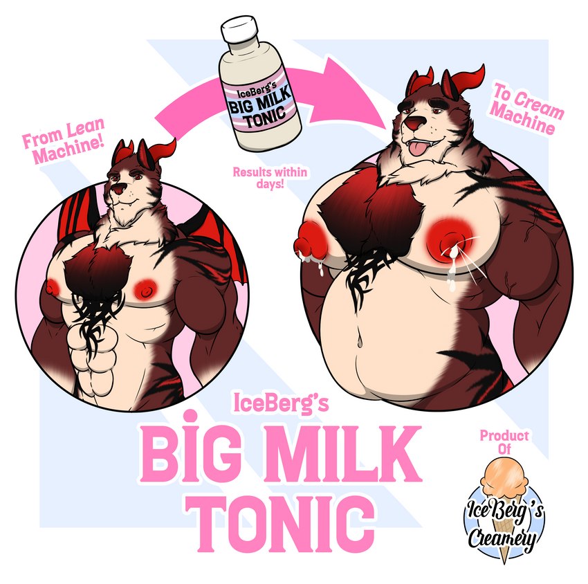 anthro belly big_nipples big_pecs bodily_fluids chest_tuft drooling fake_advertisement front_view growth horn lactating male male_lactation milk musclegut muscular muscular_male nipples overweight pecs potion saliva solo tattoo tongue tongue_out transformation transformation_potion tuft weight_gain wings 1ceberg canid hybrid mammal absurd_res hi_res