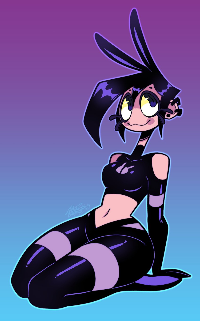 4_ears :3 alternate_costume alternative_fashion big_eyes black_ears black_hair black_piercing blue_background blue_outline breasts clothed clothed_female clothed_humanoid clothing cutout ear_piercing ear_ring eyelashes female front_view goth gradient_background hair kneeling midriff multi_ear navel outline piercing pupils purple_eyes purple_inner_ear rabbit_ears ring_piercing rosy_cheeks shoulder_cutout simple_background slit_pupils small_eyebrows smile solo stud_piercing thick_thighs three-quarter_view toxicsoul77 valbun_(valbun) animal_humanoid humanoid lagomorph lagomorph_humanoid leporid_humanoid mammal mammal_humanoid rabbit_humanoid 2021 absurd_res colored digital_drawing_(artwork) digital_media_(artwork) full-length_portrait hi_res portrait signature