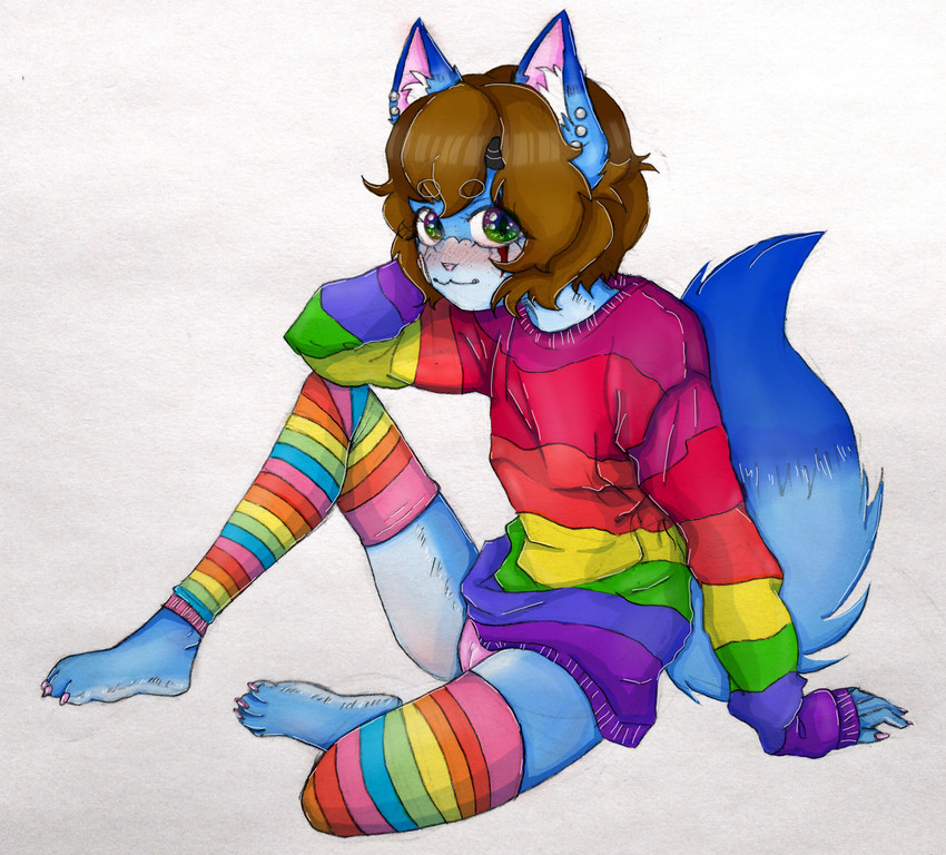 4_toes :3 anthro barefoot biped blue_body blue_fur blush brown_hair claws clothed clothing colored_nails ear_piercing eyebrows feet female fluffy fluffy_tail fox_tail fur green_eyes hair horn inner_ear_fluff leg_warmers legwear looking_at_viewer monotone_hair multicolored_clothing multicolored_legwear multicolored_stockings multicolored_sweater multicolored_topwear nails panties paws piercing pink_clothing pink_nails pink_nose pink_panties pink_underwear plantigrade rainbow_clothing rainbow_legwear rainbow_stockings rainbow_topwear scar short_hair sitting sitting_on_ground smile solo stockings sweater tail toes topwear tuft underwear iijackie3678ii jackie_motidzuki canid canine domestic_cat felid feline felis fox hybrid mammal absurd_res colored digital_drawing_(artwork) digital_media_(artwork) hi_res