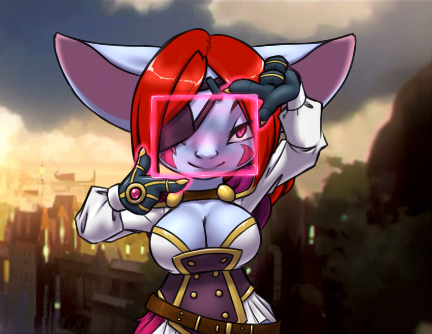 big_breasts blurred_background breasts cleavage clothed clothing eye_patch eyewear female front_view hair looking_at_viewer red_eyes red_hair science_fiction smile solo furball league_of_legends riot_games tencent wyla_(furball) humanoid yordle 2020 digital_media_(artwork) portrait three-quarter_portrait