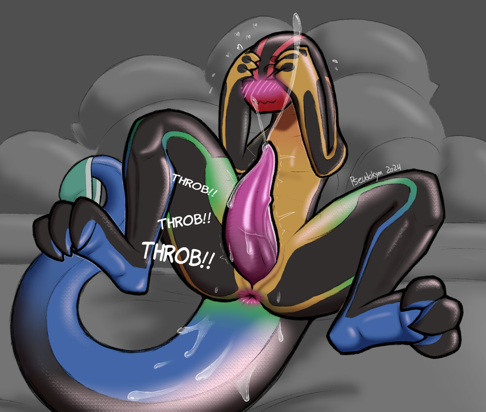 animal_genitalia anthro anus big_penis bodily_fluids curling_toes dripping embarrassed feet femboy genital_fluids genital_slit genitals glistening glistening_body hidden_face male markings multicolored_body onomatopoeia penis pink_penis precum precum_drip precum_on_own_penis precum_squirt precum_string presenting scale_markings scales shy solo sound_effects spread_legs spreading tapering_penis text throbbing throbbing_penis vein veiny_penis pseudokym kim_(pseudokym) blue-tailed_skink lizard reptile scalie skink 2024 digital_media_(artwork) hi_res