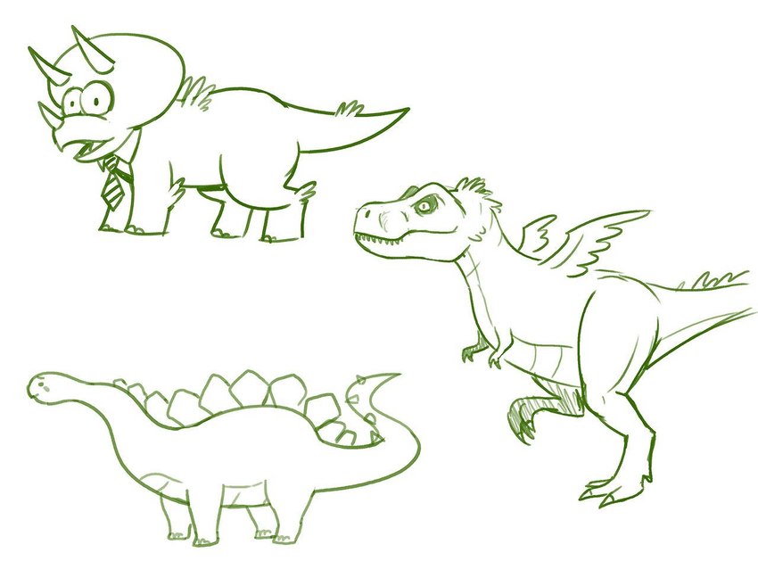 3_horns ambiguous_gender claws feathered_wings feathers feral group horn multi_horn necktie sharp_teeth spines tail teeth toe_claws trio wings caldwell_tanner drawfee jacob_andrews nathan_yaffe drawfee_(copyright) brontosaurus ceratopsian dinosaur diplodocid feathered_dinosaur feathered_scalie ornithischian prehistoric_species reptile sauropod sauropodomorph scalie theropod triceratops tyrannosaurid tyrannosauroid tyrannosaurus tyrannosaurus_rex