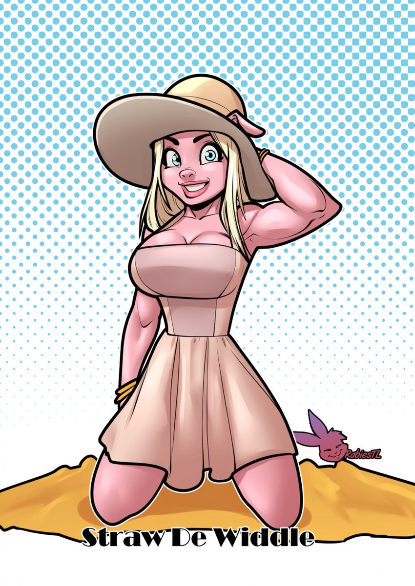 anthro athletic athletic_anthro athletic_female blonde_hair blue_eyes bracelet breasts cleavage clothed clothing dress female floppy_ears hair hand_behind_head hat headgear headwear jewelry kneeling long_hair looking_at_viewer simple_background smile solo straw_hat sun_hat rabies_t_lagomorph dewiddle_sisters straw_de_widdle domestic_pig mammal suid suina sus_(pig) digital_media_(artwork) hi_res