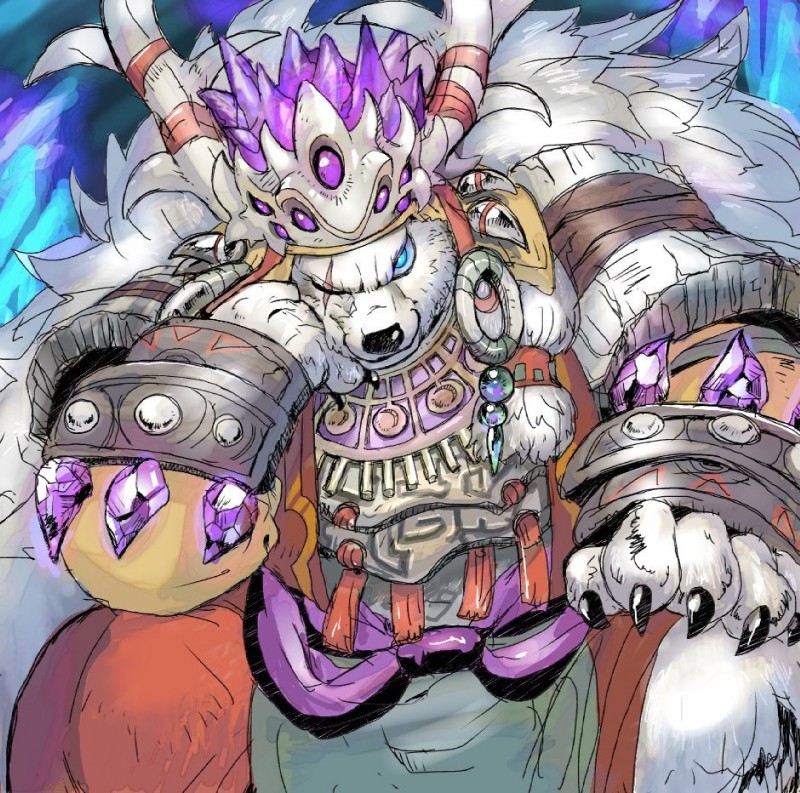 amethyst_(gem) anthro biped blue_eyes claws clothed clothing fur gem headgear headwear jewelry looking_at_viewer male purple_clothing scar sitting solo white_body white_fur cobalt_lute sdorica crushfang_(sdorica_sunset) bear mammal polar_bear ursine 2018