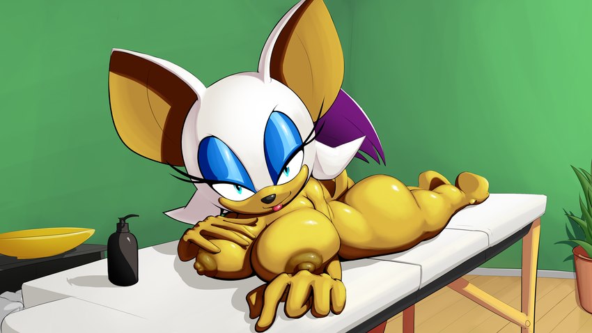 anthro bedroom_eyes big_breasts big_butt breasts butt female fur hair hand_on_breast looking_at_viewer massage_table membrane_(anatomy) membranous_wings narrowed_eyes nipples nude seductive short_stack smile solo tail tongue tongue_out wings spikeybluething sega sonic_the_hedgehog_(series) rouge_the_bat bat mammal 16:9 hi_res widescreen