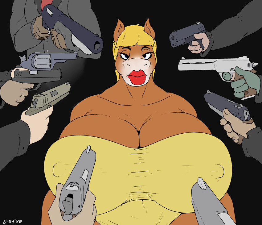 5_fingers anthro big_breasts biped black_background blank_stare blonde_hair blue_eyes breasts brown_body clothed clothing disembodied_hand facial_markings female fingers group gun hair handgun head_markings holding_gun holding_object holding_ranged_weapon holding_weapon huge_breasts humanoid_hands hyper hyper_breasts lips lipstick looking_at_viewer makeup markings medial_ring movie_poster movie_reference multicolored_body muscular pistol pointing_gun ranged_weapon revolver shotgun simple_background solo_focus surrounded thick_lips threatening_with_weapon topwear weapon white_markings elektr0 john_wick fiona_maray clydesdale draft_horse equid equine horse mammal absurd_res colored digital_drawing_(artwork) digital_media_(artwork) hi_res signature